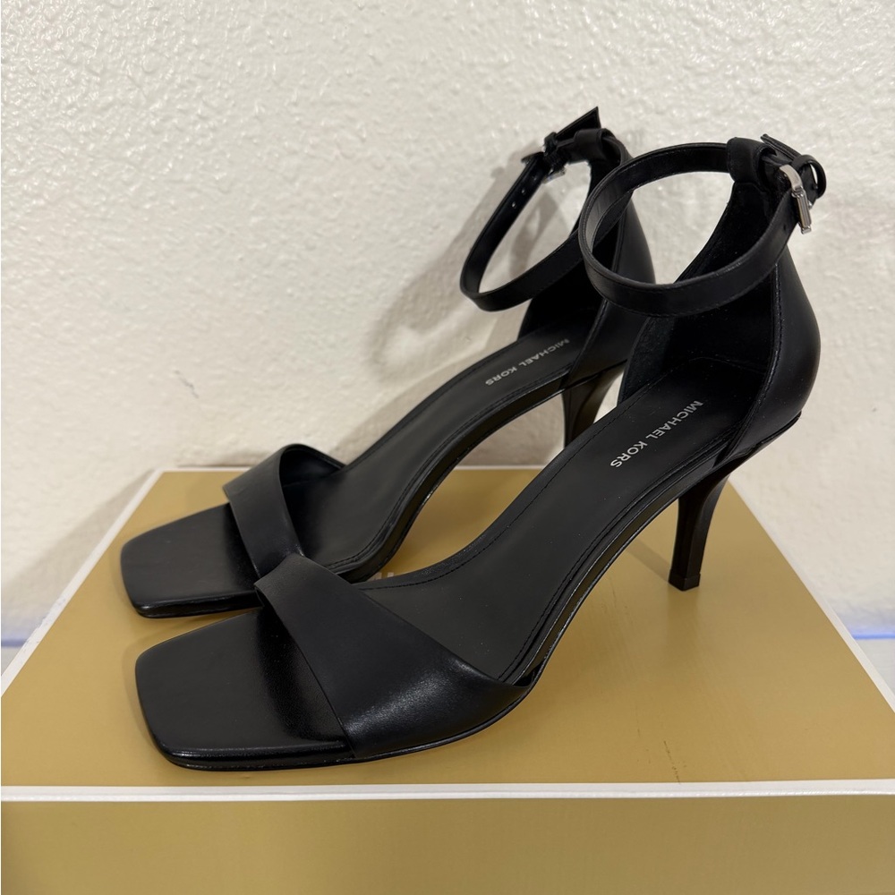 Michael Kors Jaida Ankle-Strap Black Leather High Heel Sandals. - Picture 2 of 10